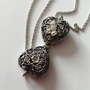 Vintage Heart Locket Floral Praying Hands Silvertone Chain Necklace
